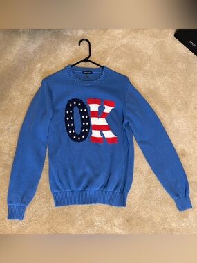 State of Mine OK Blue Crewneck Sweater with USA Flag Intarsia
